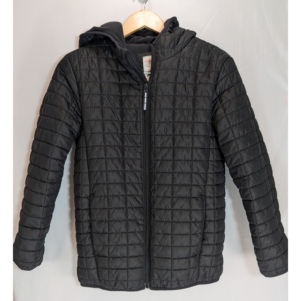 Cat & Jack Boys Black Quilted Puffer Jacket Fleece Lined Hooded Size XL 14